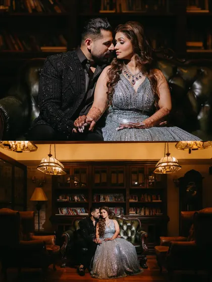 A collage showing both a close-up and a wide shot of the couple in a library, capturing their romantic connection and the grand ambiance of the room.