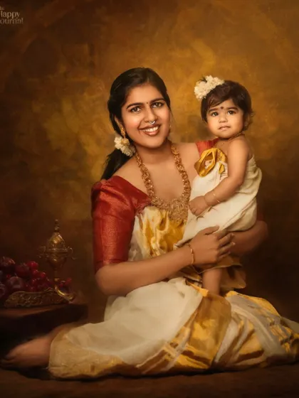 A beautiful, painterly portrait of a mother and child in traditional Kerala attire. This image feels like a timeless painting, celebrating their bond and culture.