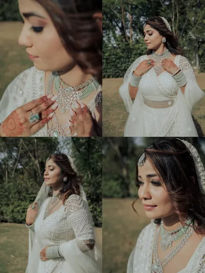 A collage of portraits of Shifna, capturing her in various graceful poses and highlighting her stunning diamond jewelry.