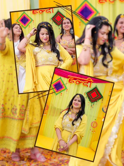 A fun, dynamic collage of the bride dancing and posing at her Haldi ceremony, set against a vibrant, traditional backdrop.