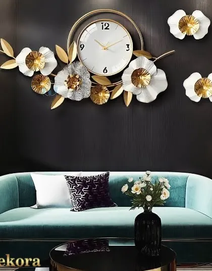 This white and gold floral clock comes with separate matching flower pieces, allowing you to create a larger, customized wall art installation.