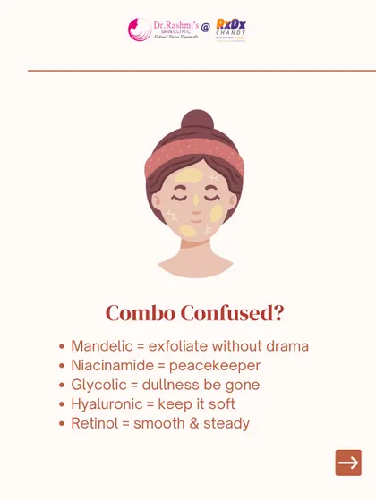 Feeling confused by combination skin? This graphic provides a simple ingredient guide. Mandelic acid exfoliates gently, niacinamide acts as a peacekeeper, and hyaluronic acid keeps skin soft and balanced.