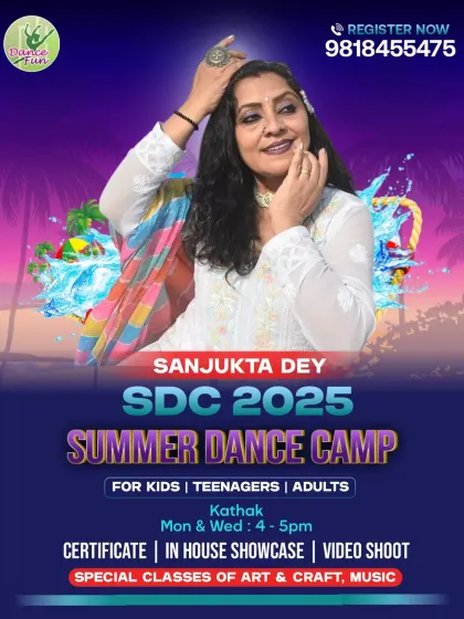 A poster for our Summer Dance Camp, highlighting the Kathak classes with our esteemed instructor Sanjukta Dey.