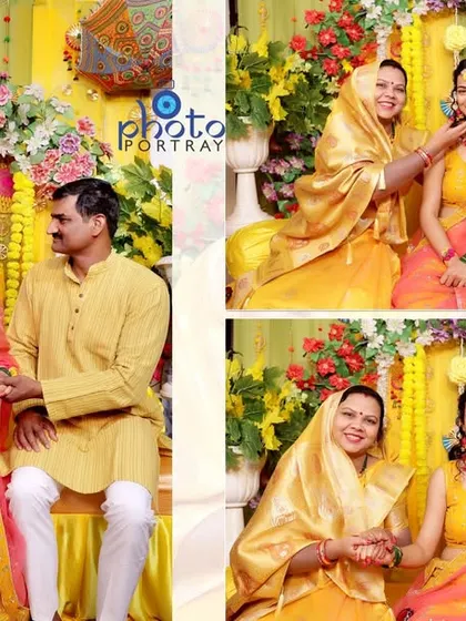 A collage for a wedding album showing the rituals and family moments of the Haldi ceremony.