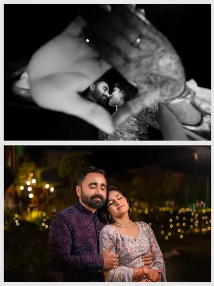 A creative shot of the couple framed by their hands making a heart shape, paired with a peaceful, cuddled-up portrait.