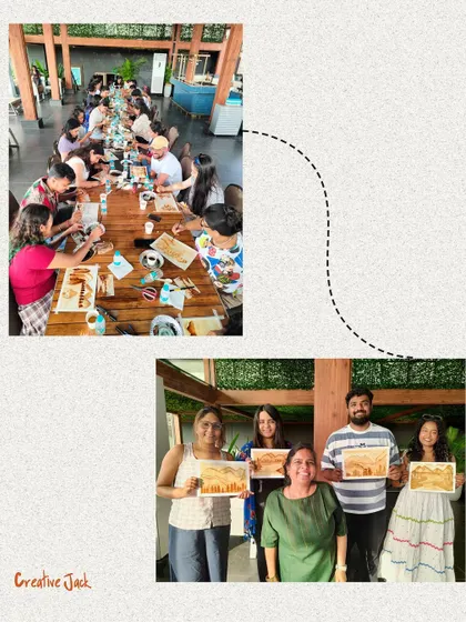 A collage from a corporate art workshop in Goa, showing the team painting together and proudly displaying their finished coffee art pieces.
