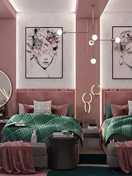 A chic and artistic shared bedroom with a bold color combination of dusty pink and emerald green. The matching portraits and modern light fixture add a touch of sophistication.