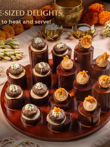 Bite-sized delights from our festive delivery menu. These mushroom canapés are easy to heat and serve, making them a perfect, hassle-free appetizer for your house party.