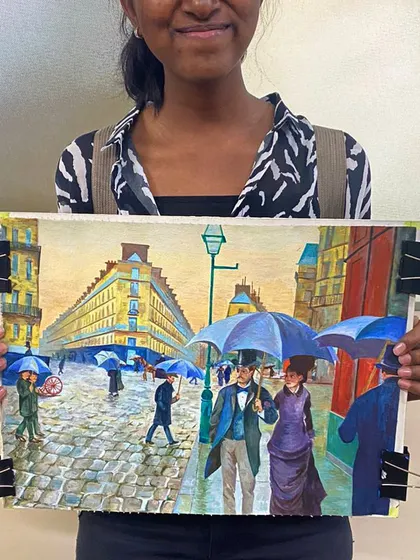 This incredible recreation of Gustave Caillebotte’s “Paris Street; Rainy Day” was done by a student for her art portfolio. Our portfolio preparation classes focus on mastering advanced techniques for aspiring design school applicants.
