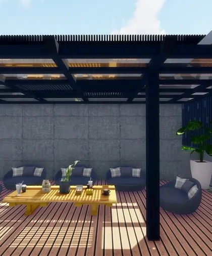 A 3D terrace design for a project in Jaipur, featuring a large pergola over a wooden deck with casual beanbag-style seating.