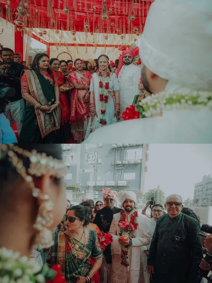 The first look. This powerful collage captures the moment the bride and groom see each other for the first time at the wedding ceremony.