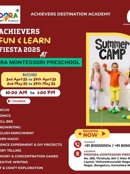 This poster for our camp at Pridora Montessori Preschool in RT Nagar, Bangalore, clearly lays out the two batches, timings, and the comprehensive list of courses for older children.