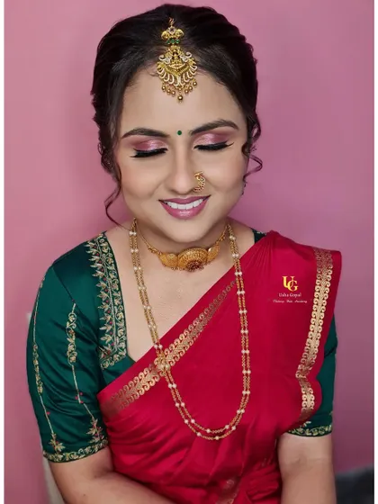 This engagement ceremony look is a great example of pre-bridal makeup. I teach how to create a look that is celebratory and traditional, with soft pink eyeshadow and glowing skin.