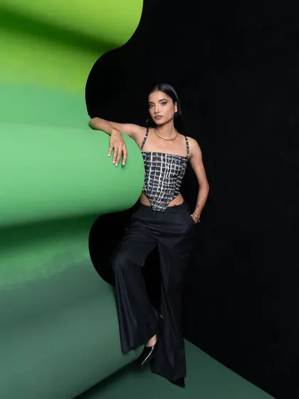 A similar shot to 61, this image from the Advait campaign emphasizes the clean lines of the outfit and the striking color contrast of the set design I directed.