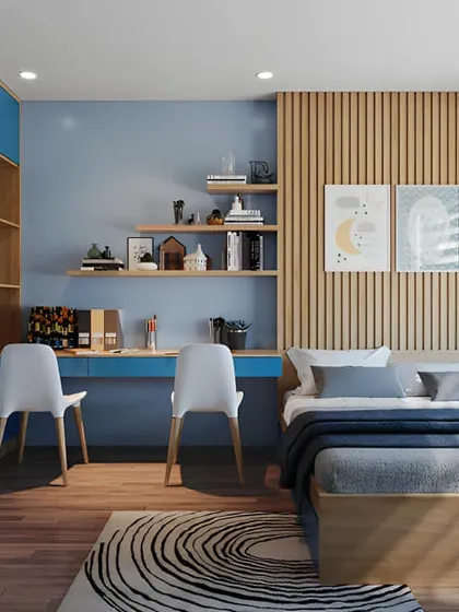 A calm and stylish kids' room with a blue and wood color scheme. The dual study desk is perfect for siblings, and the open shelving provides plenty of space for books and decor.