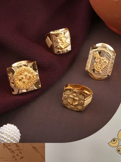 A showcase of our men's gold rings with spiritual and symbolic motifs, including Ganesha and Om. These pieces are not just accessories but symbols of faith and identity.