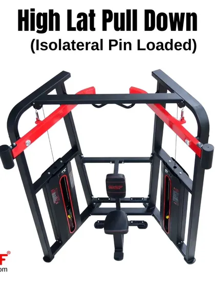 A rear view of the High Lat Pulldown machine, highlighting its robust V-shaped frame.