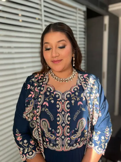 A close-up of the soft, smokey eye makeup.
