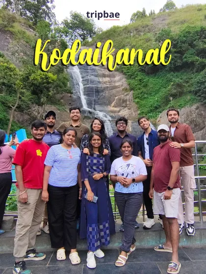 Our group posing in front of a waterfall in Kodaikanal. The region has several beautiful cascades that we visit.