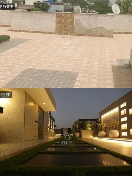From a plain tiled surface to a sophisticated garden path. We created a walkway with illuminated niches along the wall, leading the eye through the space and adding a layer of ambient light.