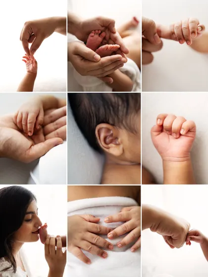 A collage of all the little things: tiny hands, tiny feet, a little ear, a mother's kiss. These detail shots are an essential part of every newborn gallery.