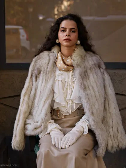 A vintage-inspired fashion shoot on the streets of Mumbai. The soft fur coat and elegant styling contrast with the urban setting to create a unique, cinematic feel.