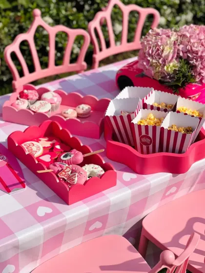 An overhead shot of the perfectly arranged kids' table, ready for the little guests to arrive.