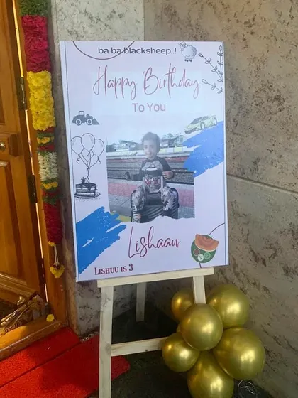 We create personalized welcome boards for any occasion. This custom sign for Lishaav's third birthday greeted guests at the entrance and set a fun tone for the party right from the start.
