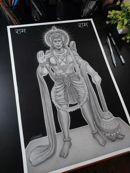 The final version of my Hanuman ji pencil drawing. The black background really makes the figure pop, and I'm proud of the realistic effect I achieved.