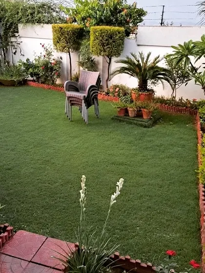 A residential garden in a compact space, featuring a well-maintained lawn, potted plants, and climbing vines. This shows how even smaller yards can be transformed into green retreats.