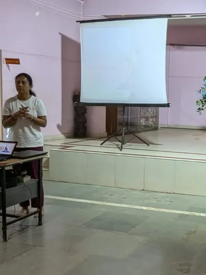 A teacher from our center, Smt Vanitha Sunil, leading a session during the Yoga Volunteers Course at Mata Amritanandamayi Ashram. I am proud to have certified teachers from Yogavijnana leading such programs.