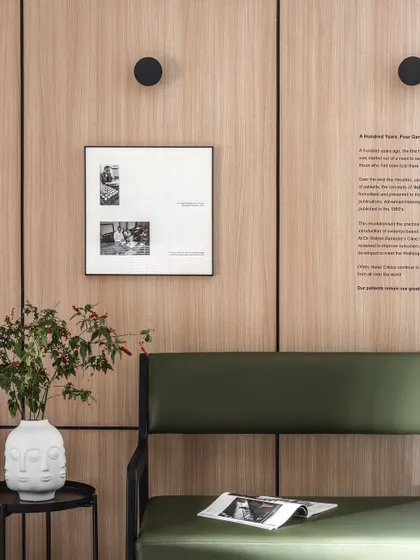 A back panel behind the seating serves as a canvas for the clinic's history. Framed photographs and text create a visual narrative, providing patients with a sense of connection and trust.