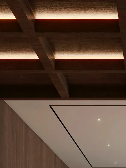 A detail of the coffered wood ceiling with integrated lighting. The grounding color brown, with its cozy and warm qualities, is the perfect choice for a leisure or study space.