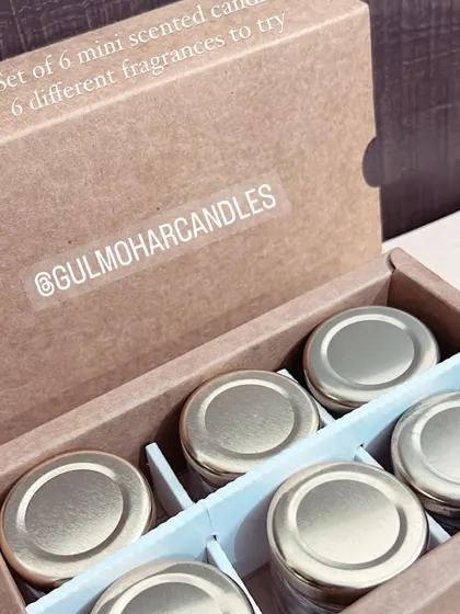 This set of 6 mini scented candles is a great idea for bulk corporate gifting for Diwali. We can customize the box with your company's logo.