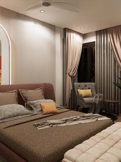 In this guest bedroom concept, a piece of abstract art becomes the headboard, framed by integrated lighting. It’s a creative way to make art a central feature of the room's design.
