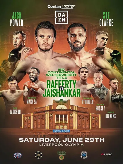 The official fight card for an IBO Continental title fight in Liverpool, UK, featuring our boxer.