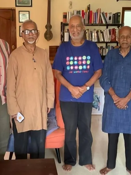 A group photo with the senior artists from Studio Kalavistaara who visited my home. I was so touched when each of them gifted me one of their paintings after my presentation.