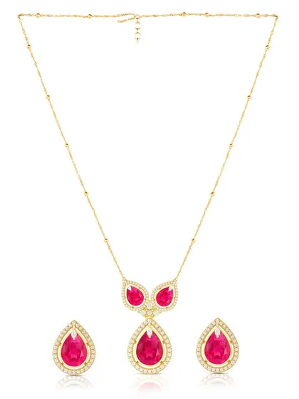 The full view of the ruby necklace and earring set, allowing customers to see the scale and complete design.