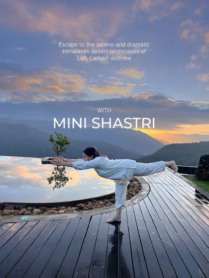 Here I am in a Virabhadrasana III (Warrior III) pose, overlooking a serene mountain landscape at sunset. My retreats are held in stunning locations like this to help you escape the everyday and reconnect with your practice.