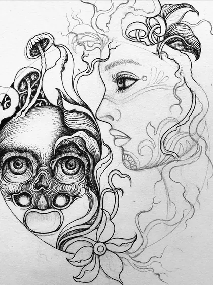 Another progress shot of the woman and skull illustration.