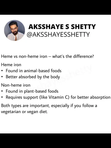 What's the difference between heme and non-heme iron? Heme iron from animal foods is better absorbed by the body. Non-heme iron from plant foods requires support from vitamin C for better absorption.
