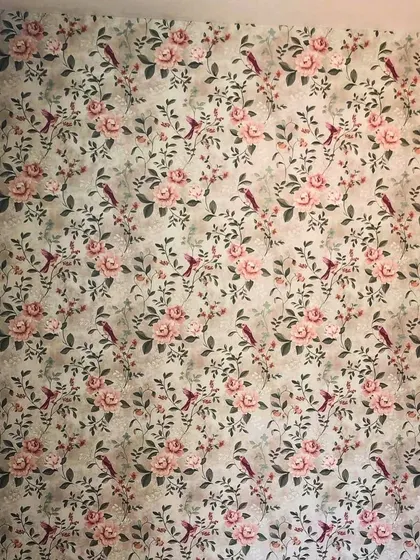 The full wall view of the vintage peony and bird wallpaper, showing the seamless repeat of the pattern.