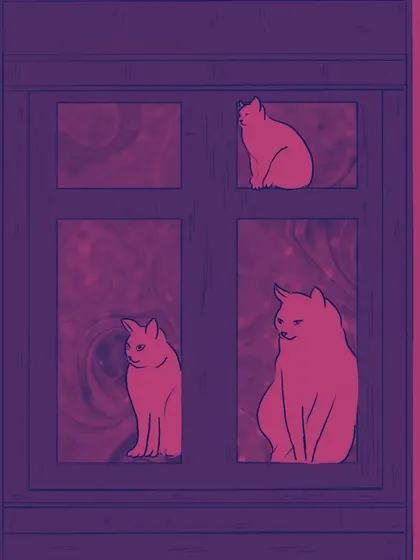 A monochrome version of the cat illustration in shades of purple and pink, giving it a moody, stylized look.