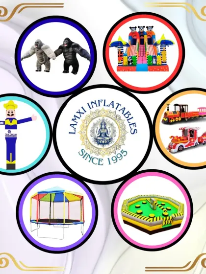 Since 1995, we have been manufacturing a wide variety of amusement products. This image gives you a glimpse of our range, which includes everything from kids' rides and inflatable bouncy castles to air dancers and mechanical games. We are a direct supplier for all your amusement needs.