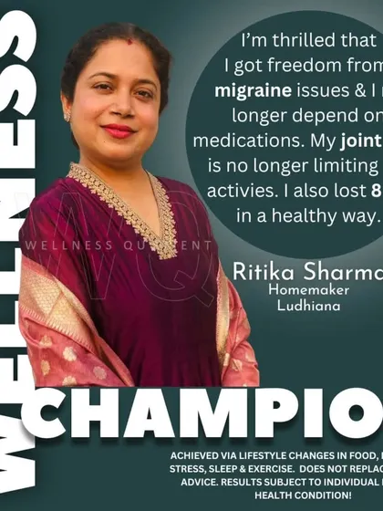 Ritika struggled with post-pregnancy weight gain, migraines, and severe joint pain. Inspired by her husband's transformation, she lost 8 kg in three months, resolved her migraines, and can now climb stairs without pain, reclaiming her active life.