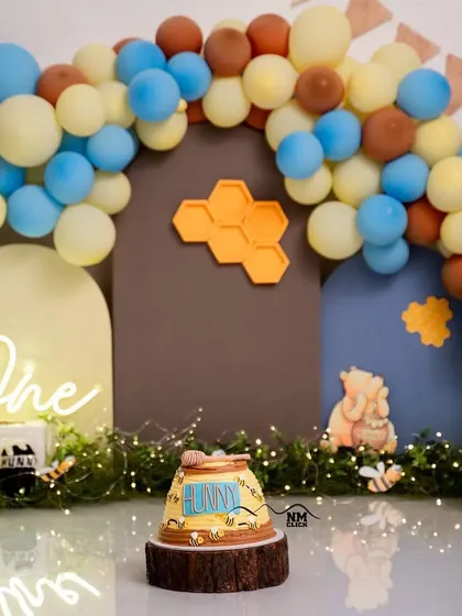 A full view of our adorable Winnie the Pooh "hunny" cake smash setup. We pay attention to every detail to create a complete and immersive scene.