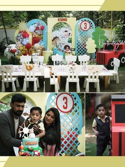 A collage showing the farm-themed party setup, including the kids' dining area and the family cutting the cake.