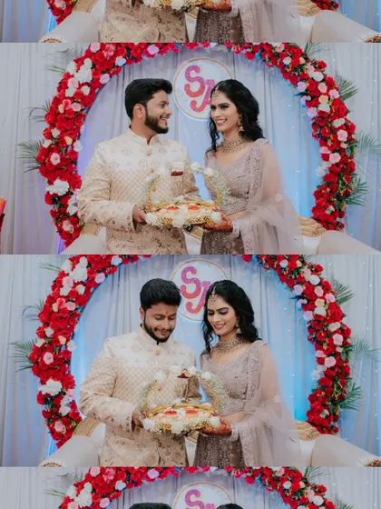 A diptych of the couple during their ring ceremony, standing in front of a beautiful floral arch.