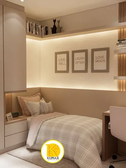A charming study nook with a "Live Laugh Love" theme, featuring a desk, shelving, and a cozy bed.