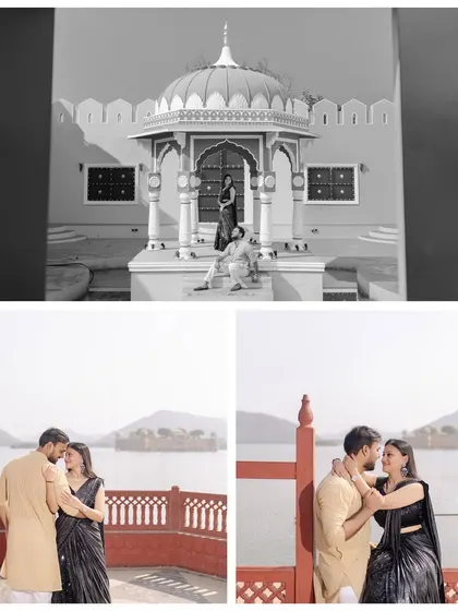 A mix of black and white and color photos from a lakeside shoot, capturing both the grandeur of the location and the intimate connection of the couple.